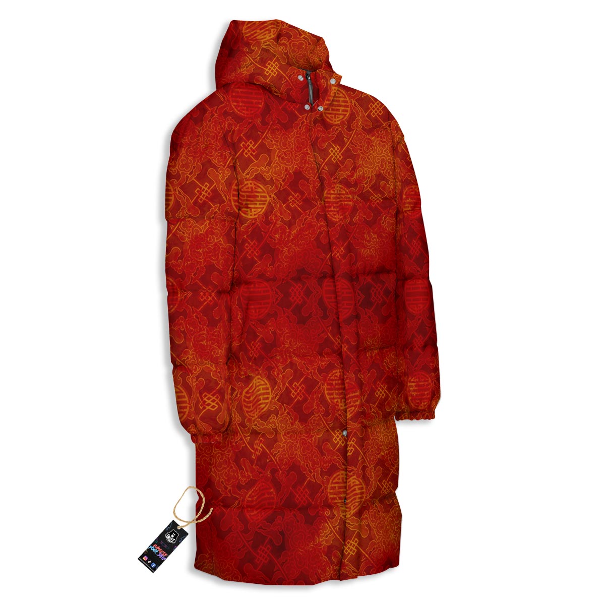 Chinese Red Print Pattern Long Down Jacket-grizzshop
