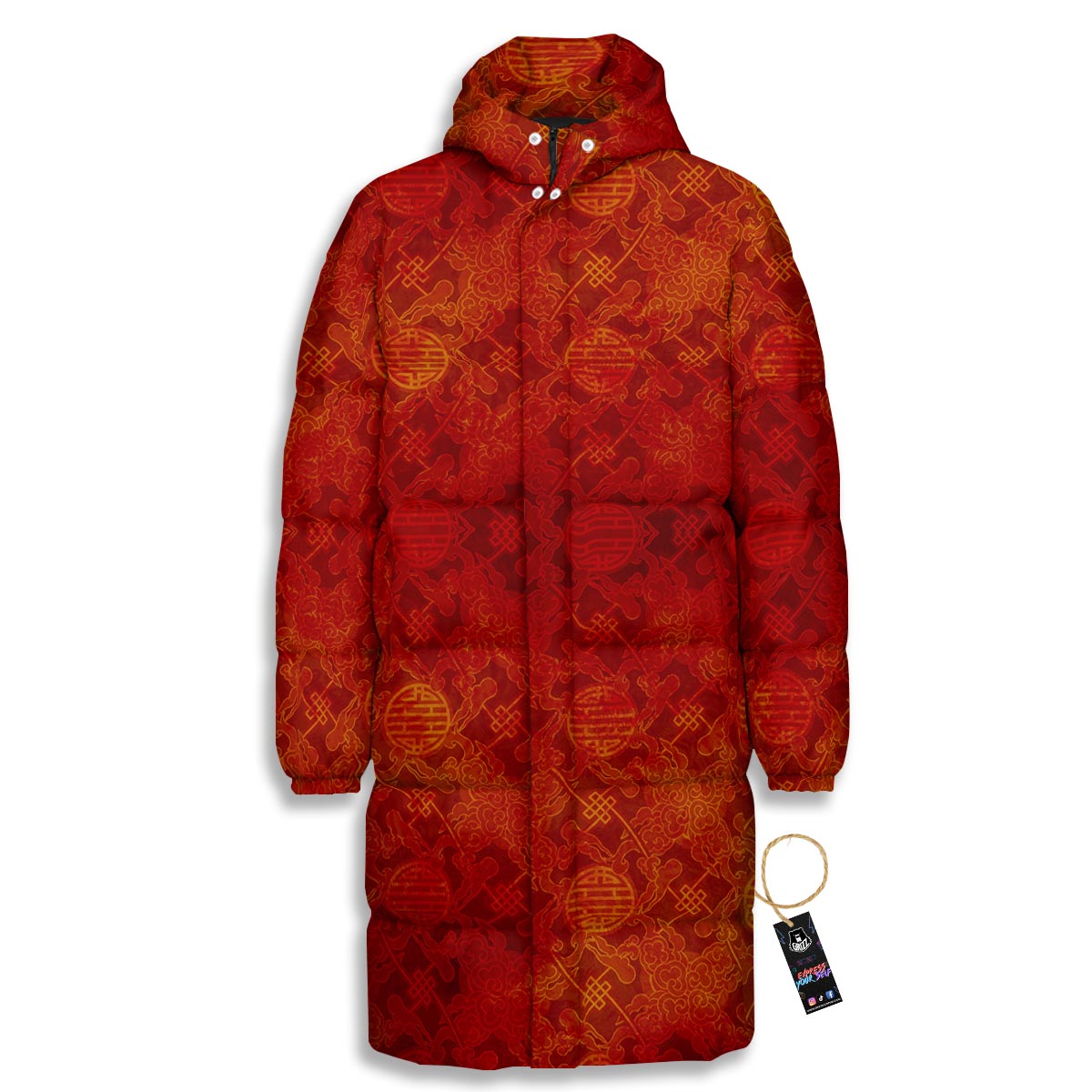 Chinese Red Print Pattern Long Down Jacket-grizzshop