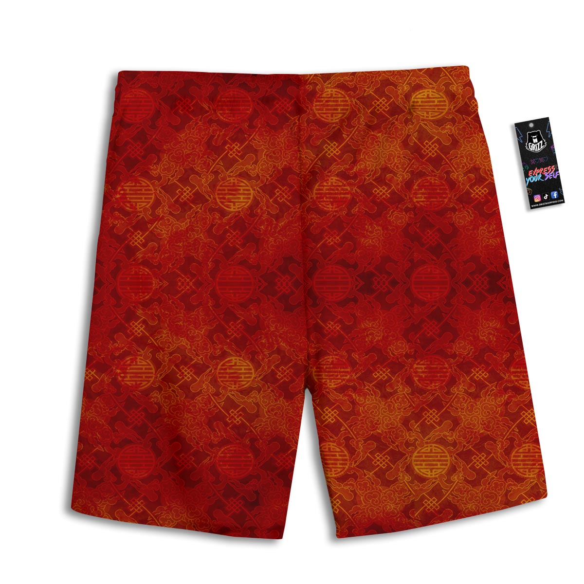 Chinese Red Print Pattern Men's Athletic Shorts