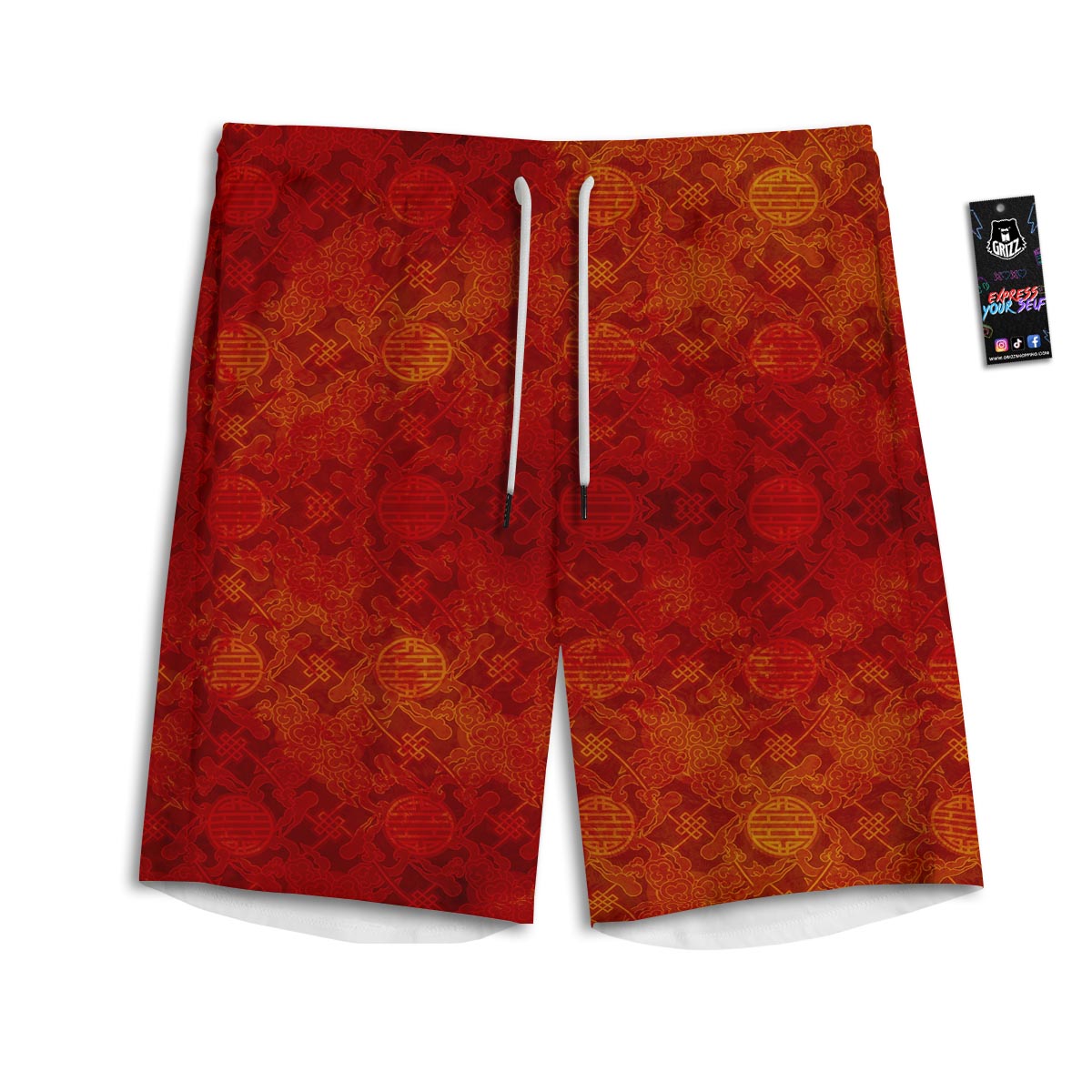 Chinese Red Print Pattern Men's Athletic Shorts