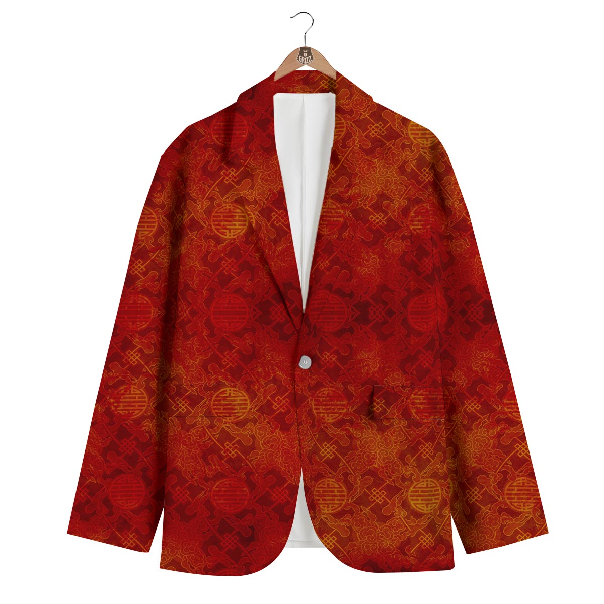 Chinese Red Print Pattern Men's Blazer-grizzshop