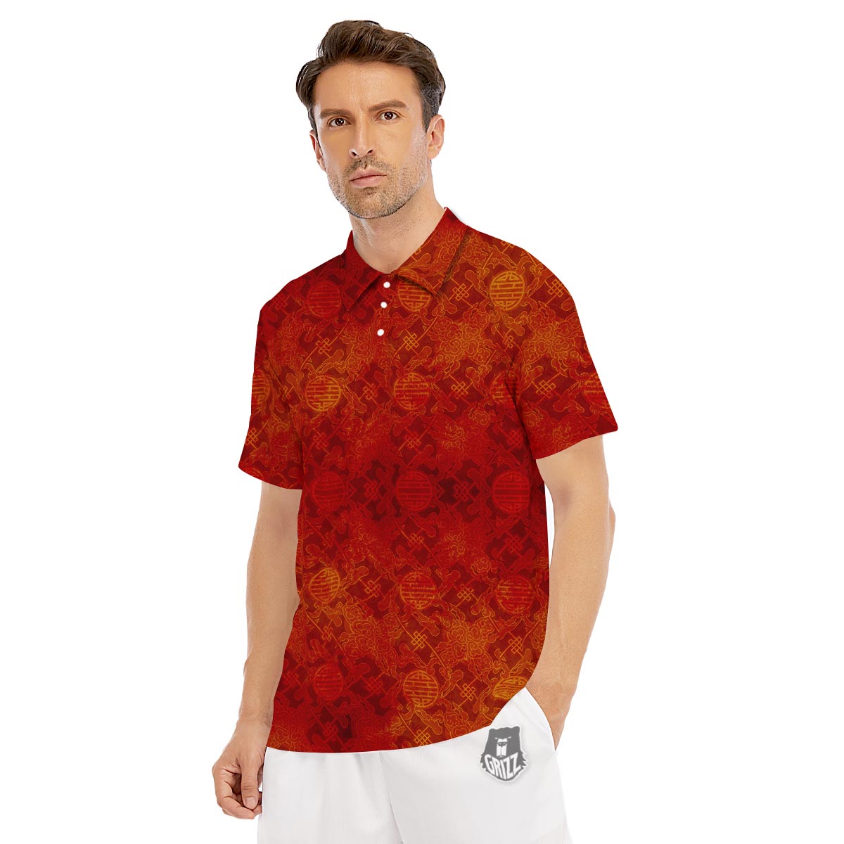 Chinese Red Print Pattern Men's Golf Shirts-grizzshop
