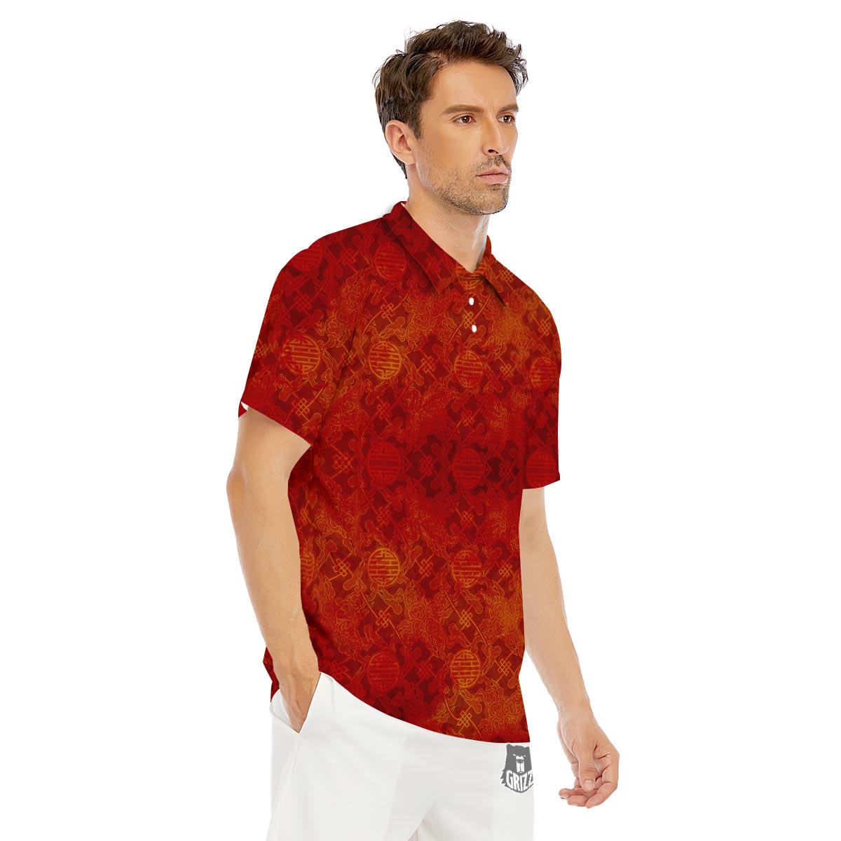 Chinese Red Print Pattern Men's Golf Shirts-grizzshop