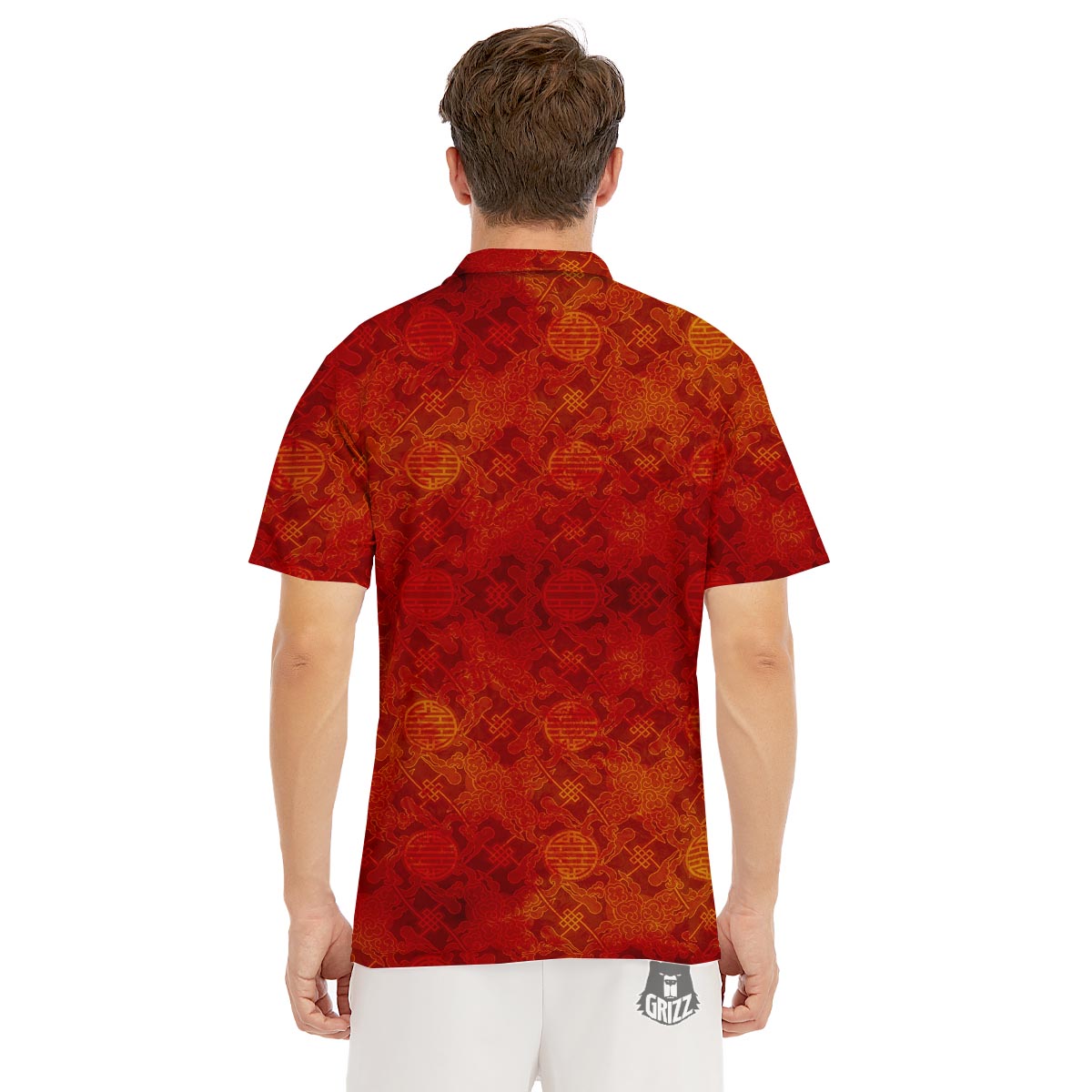Chinese Red Print Pattern Men's Golf Shirts-grizzshop