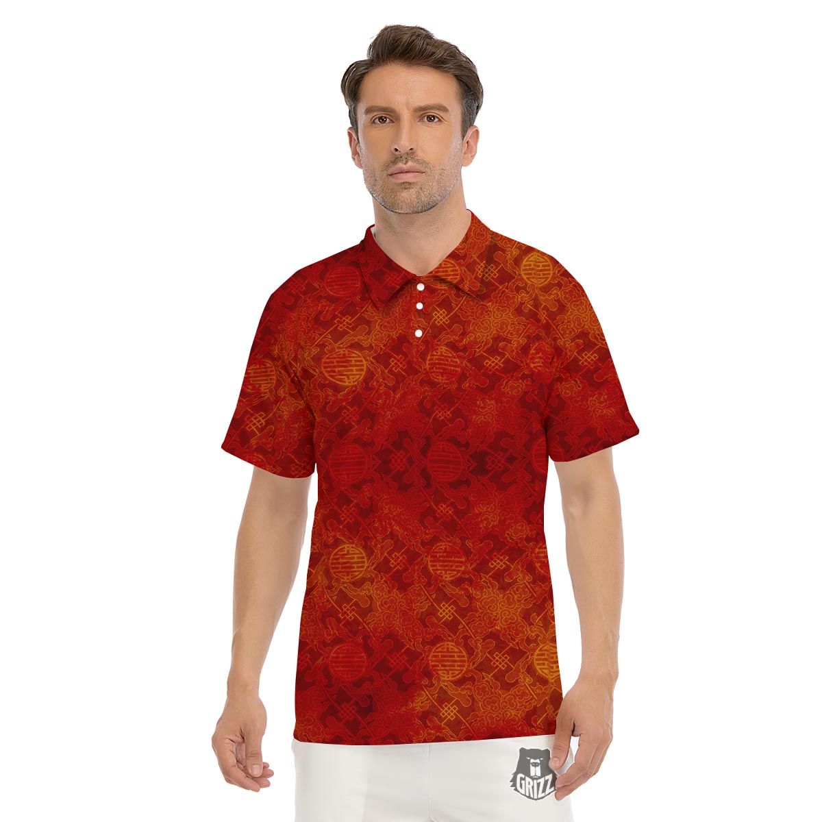 Chinese Red Print Pattern Men's Golf Shirts-grizzshop