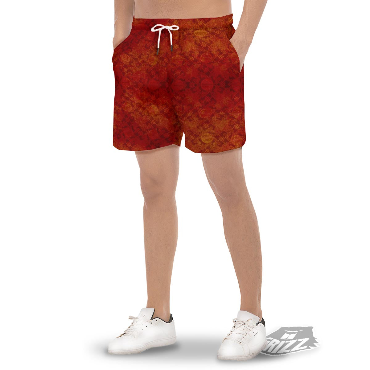Chinese Red Print Pattern Men's Gym Shorts-grizzshop