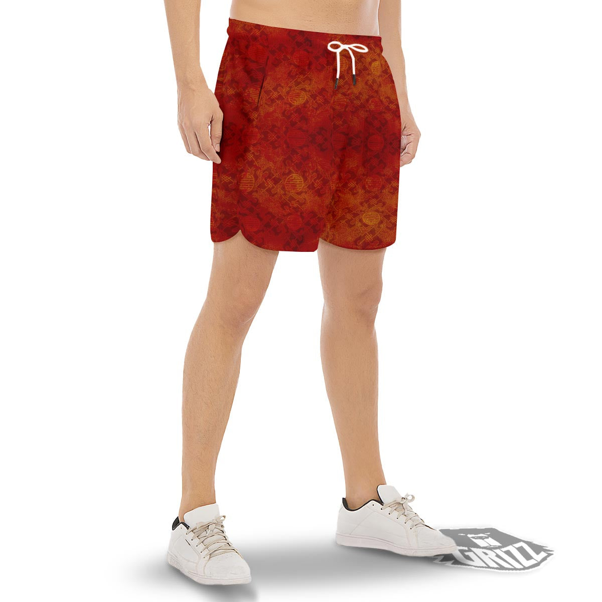 Chinese Red Print Pattern Men's Gym Shorts-grizzshop