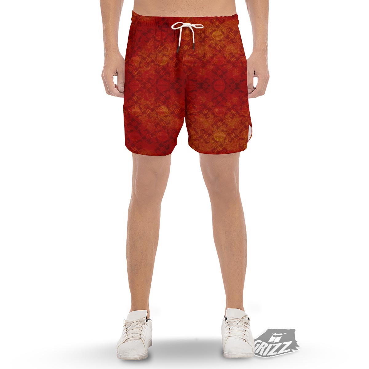 Chinese Red Print Pattern Men's Gym Shorts-grizzshop