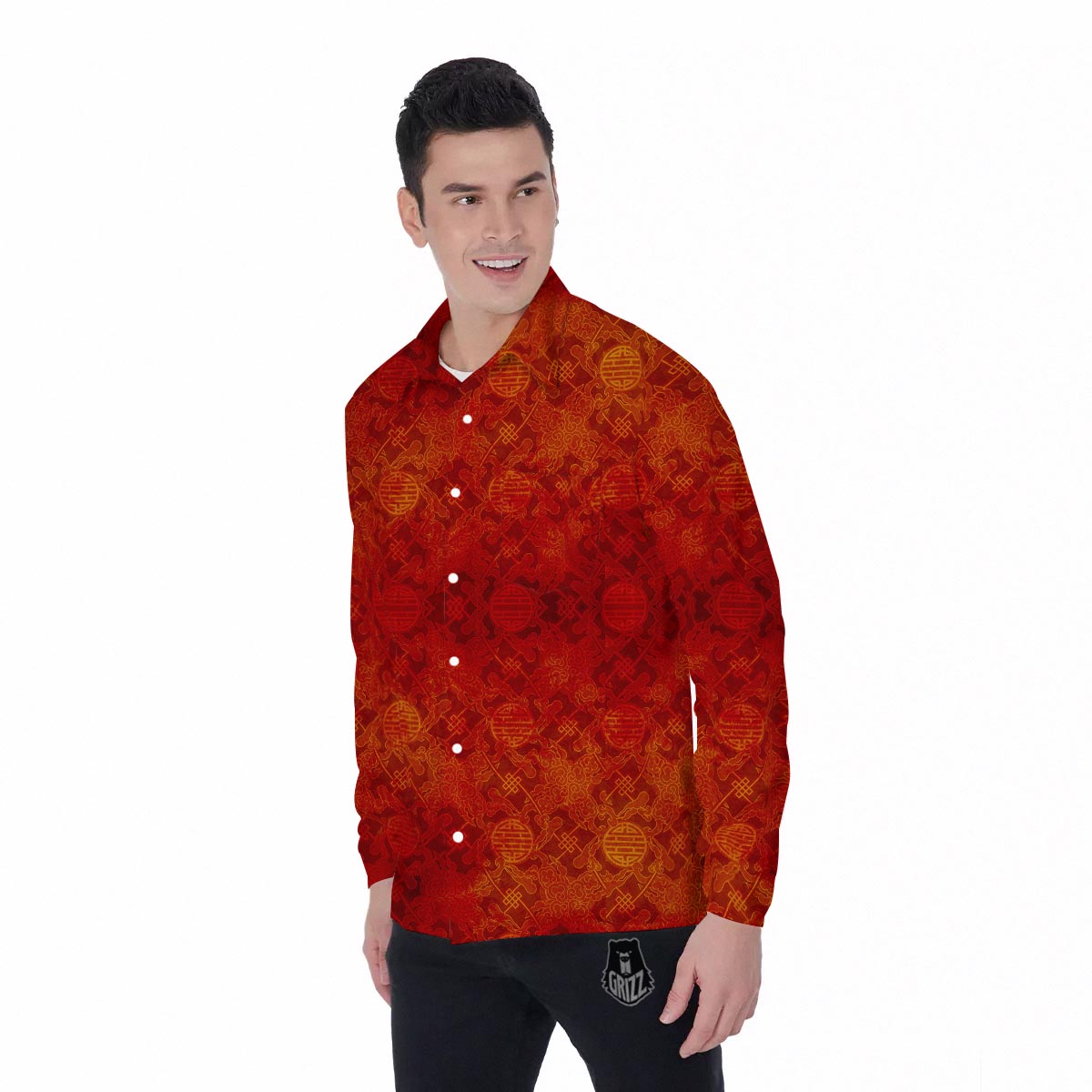 Chinese Red Print Pattern Men's Long Sleeve Shirts-grizzshop