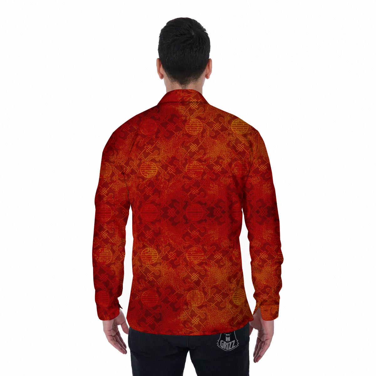 Chinese Red Print Pattern Men's Long Sleeve Shirts-grizzshop