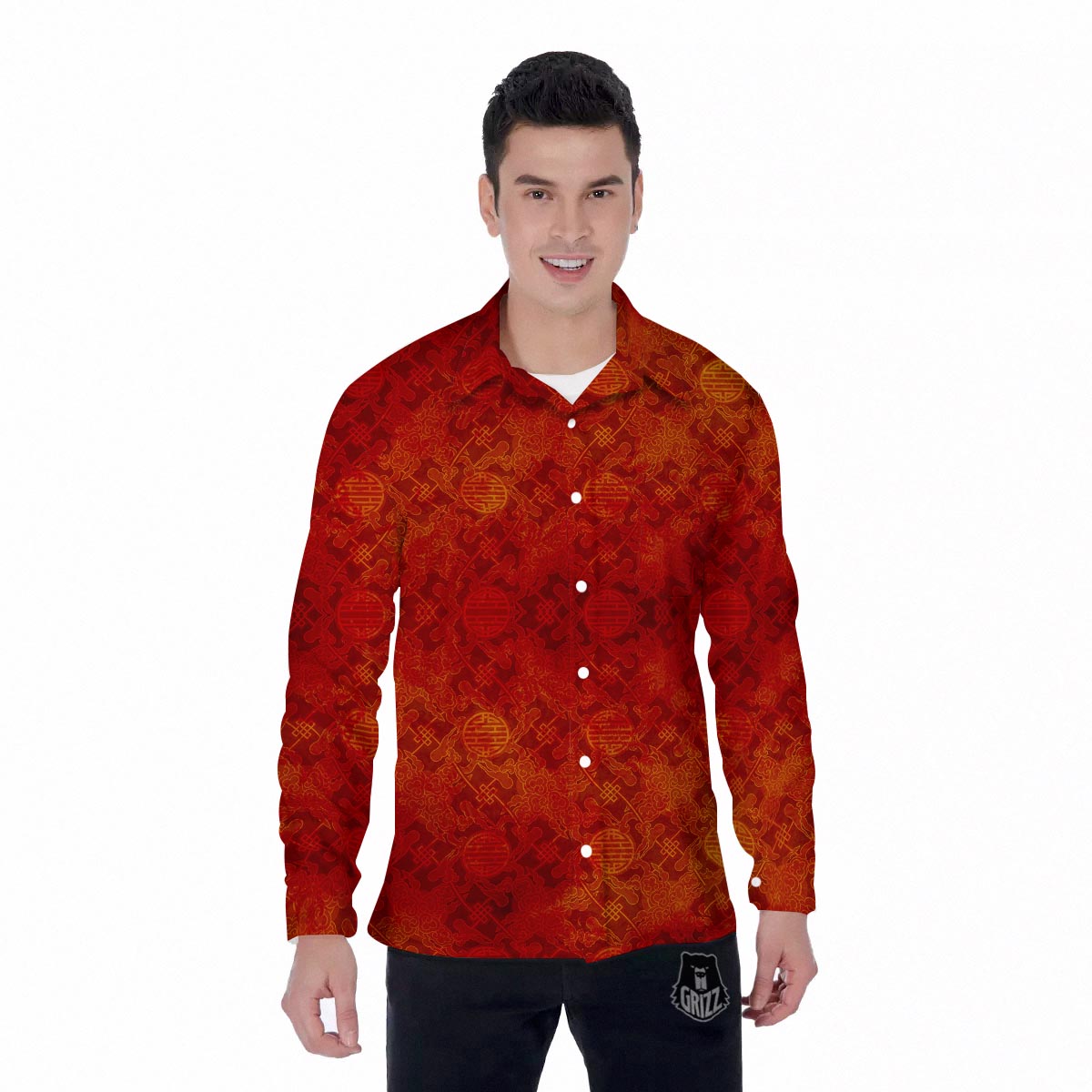 Chinese Red Print Pattern Men's Long Sleeve Shirts-grizzshop
