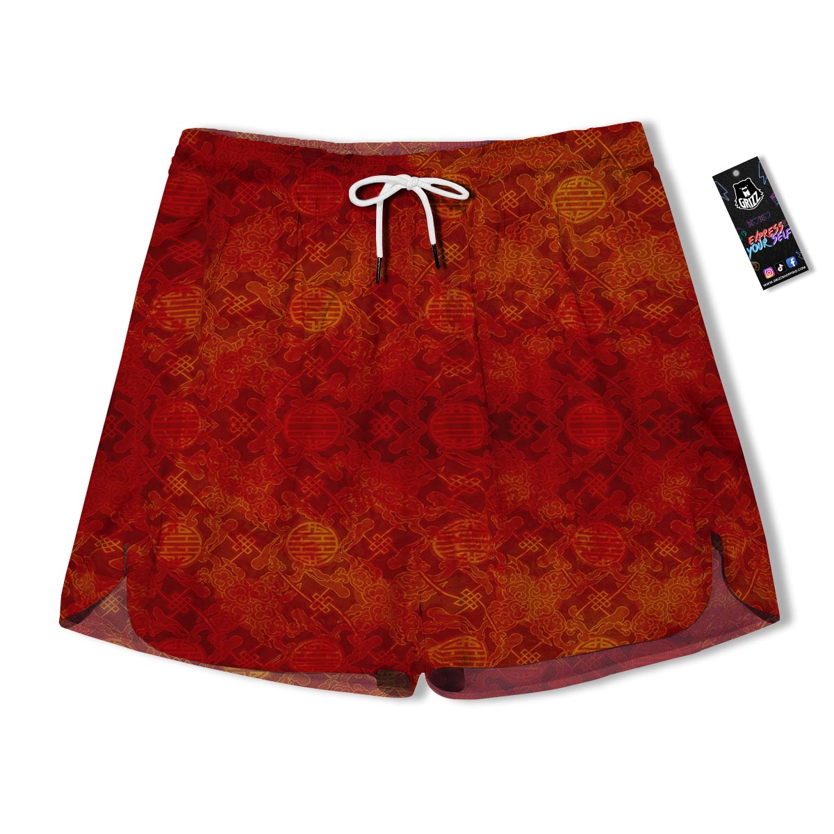 Chinese Red Print Pattern Men's Running Shorts-grizzshop