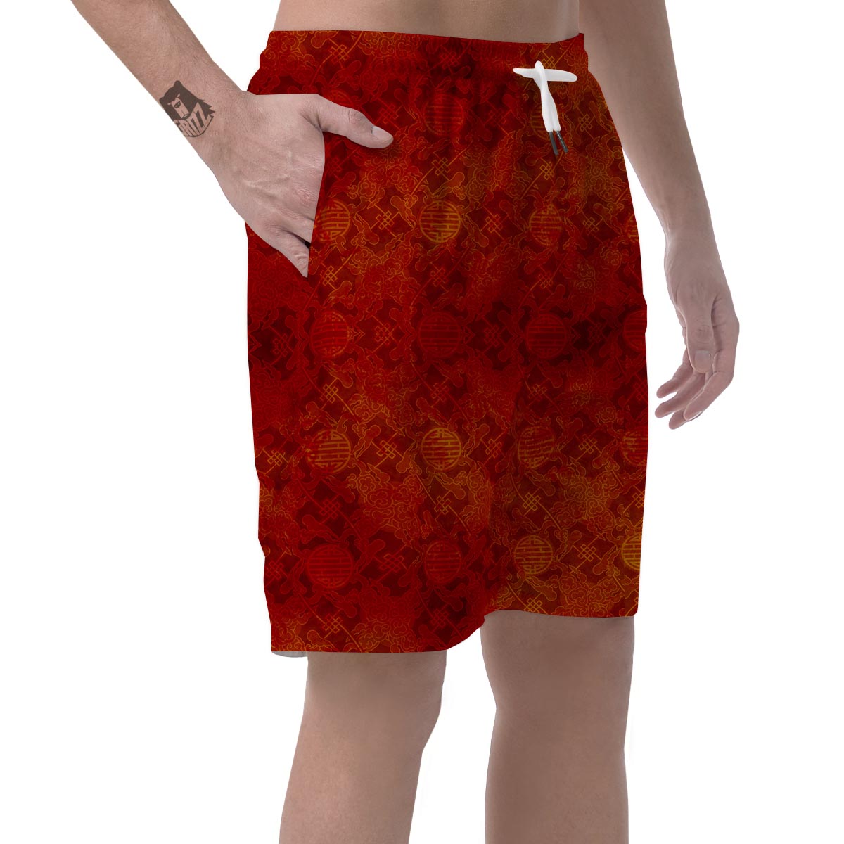 Chinese Red Print Pattern Men's Shorts-grizzshop