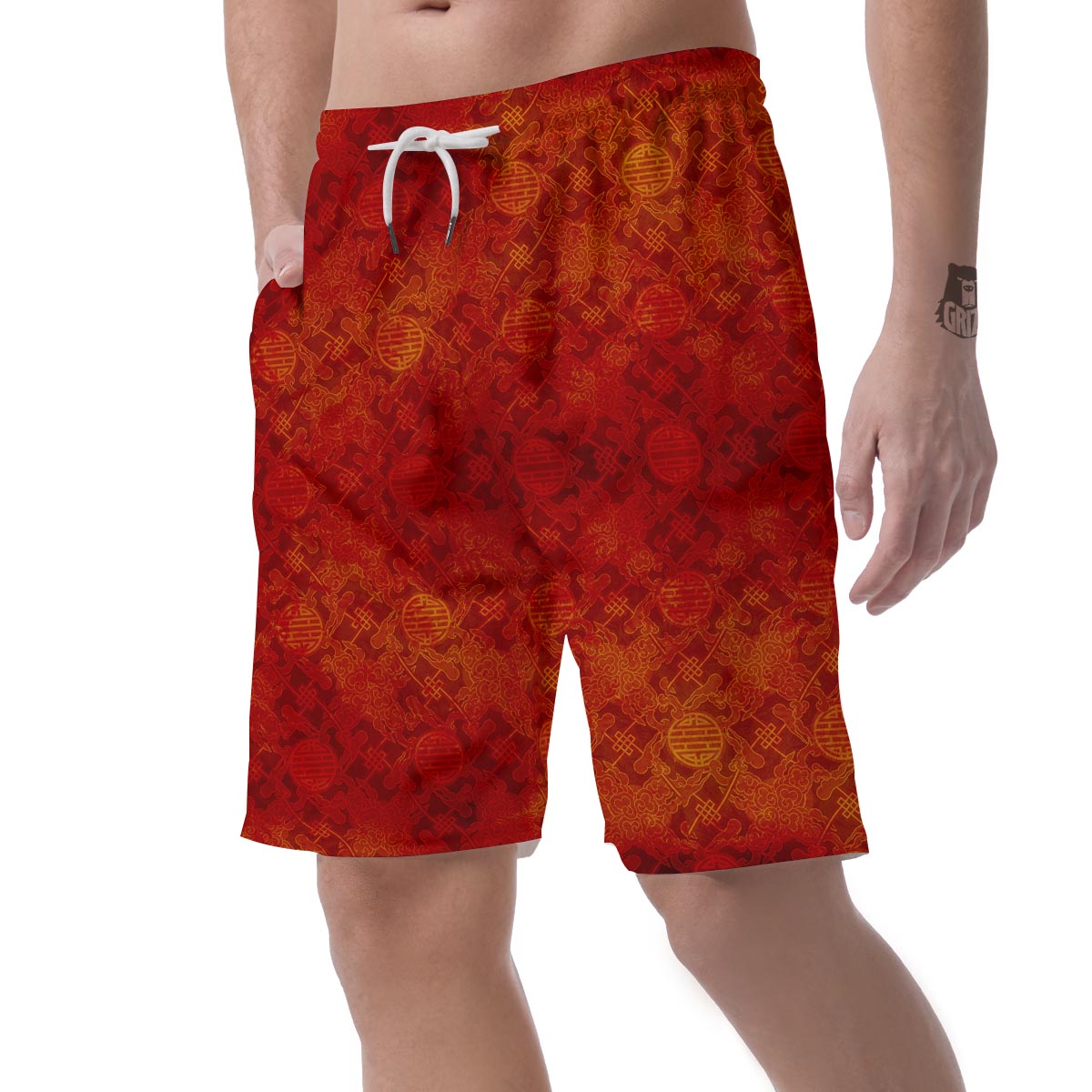 Chinese Red Print Pattern Men's Shorts-grizzshop