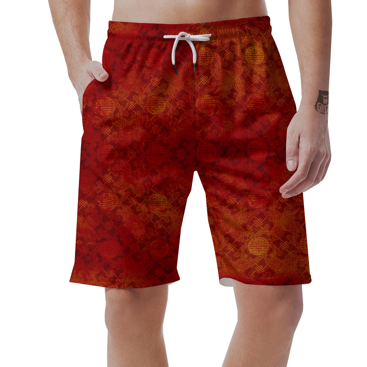 Chinese Red Print Pattern Men's Shorts-grizzshop