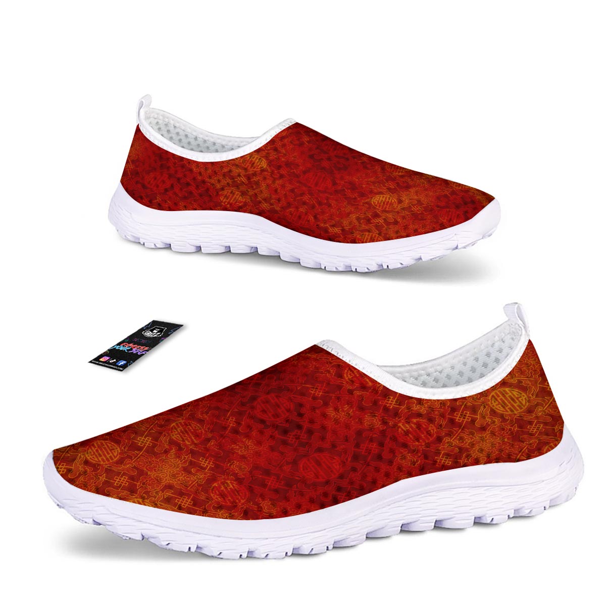 Chinese Red Print Pattern Nurse Shoes-grizzshop
