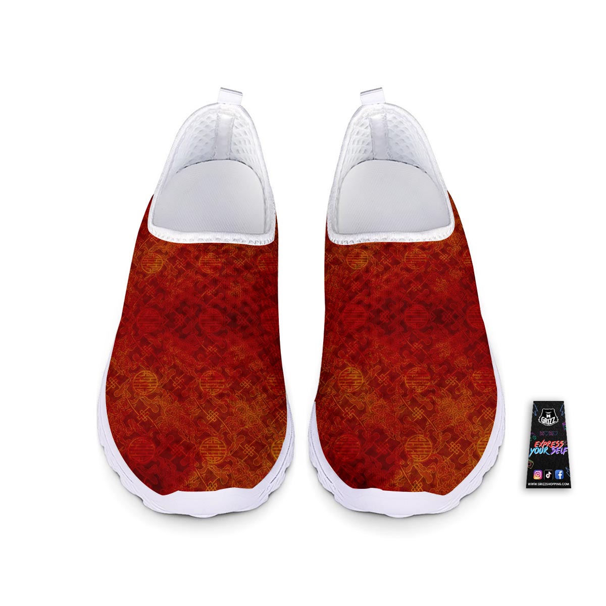 Chinese Red Print Pattern Nurse Shoes-grizzshop