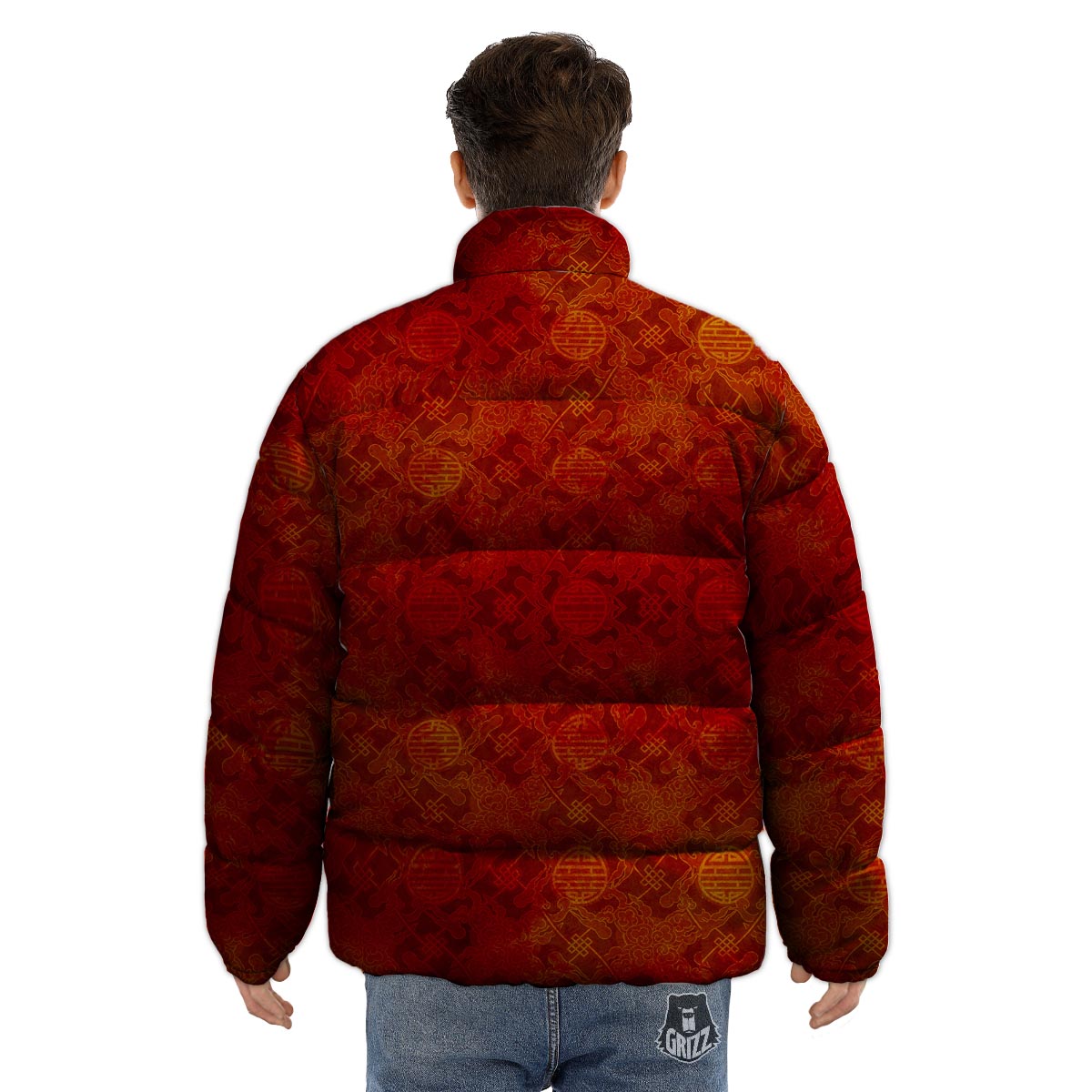 Chinese Red Print Pattern Puffer Jacket-grizzshop