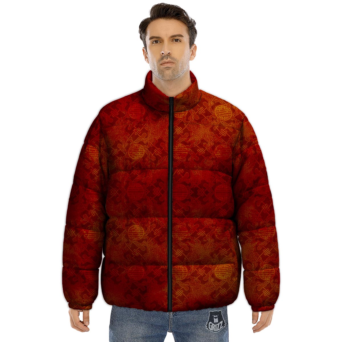 Chinese Red Print Pattern Puffer Jacket-grizzshop