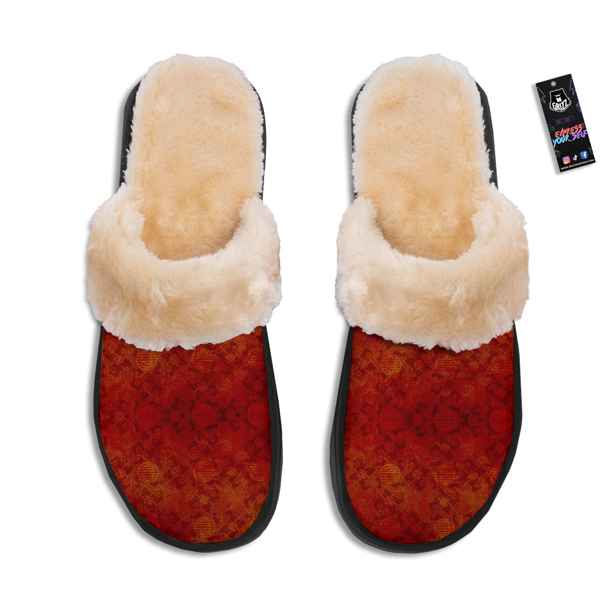 Chinese Red Print Pattern Slippers-grizzshop