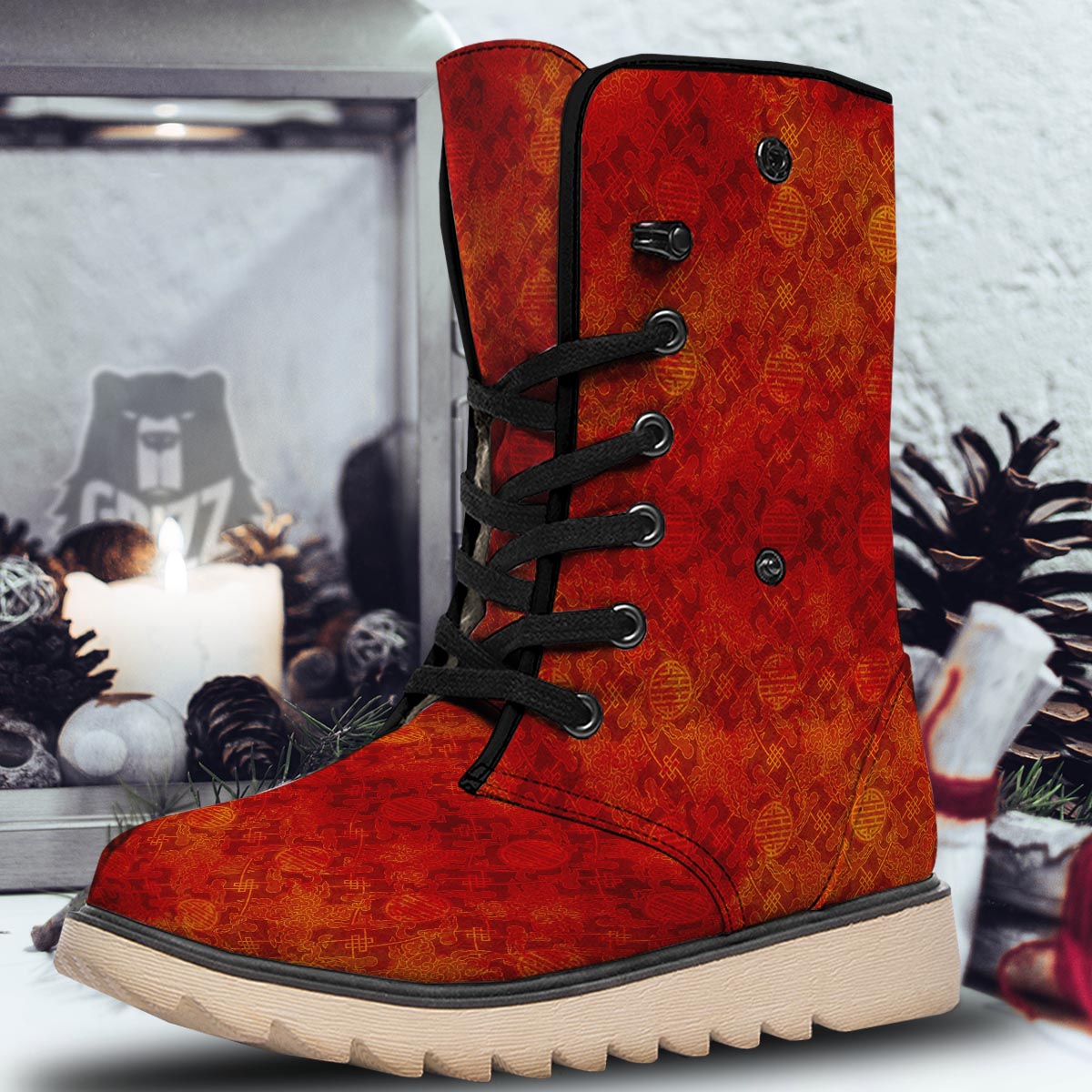Chinese Red Print Pattern Snow Boots-grizzshop