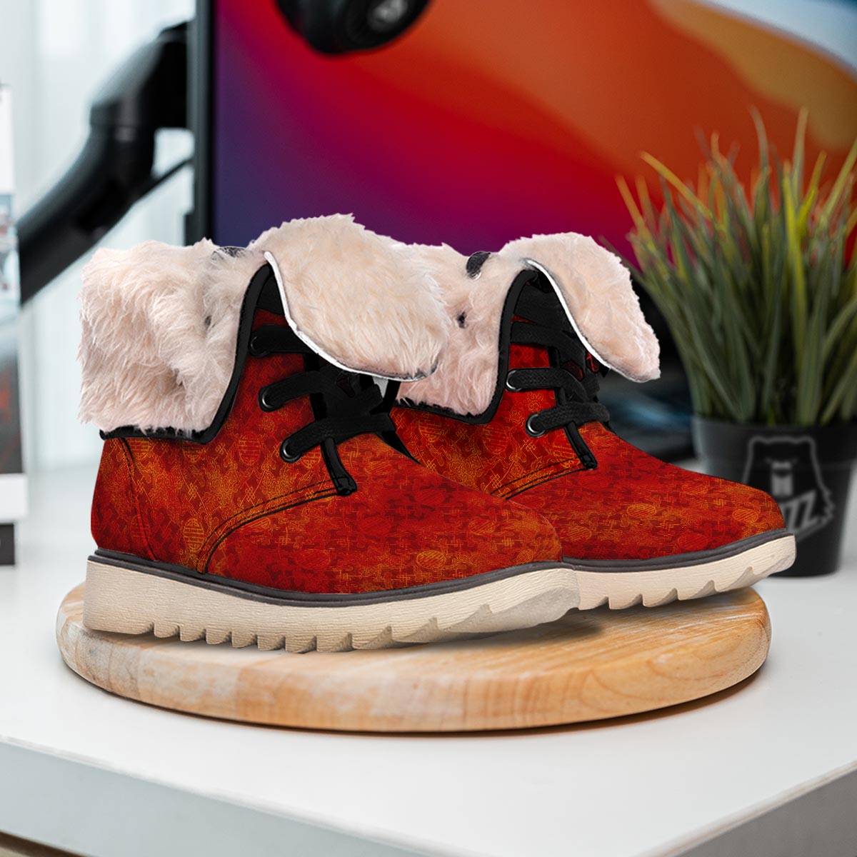 Chinese Red Print Pattern Snow Boots-grizzshop