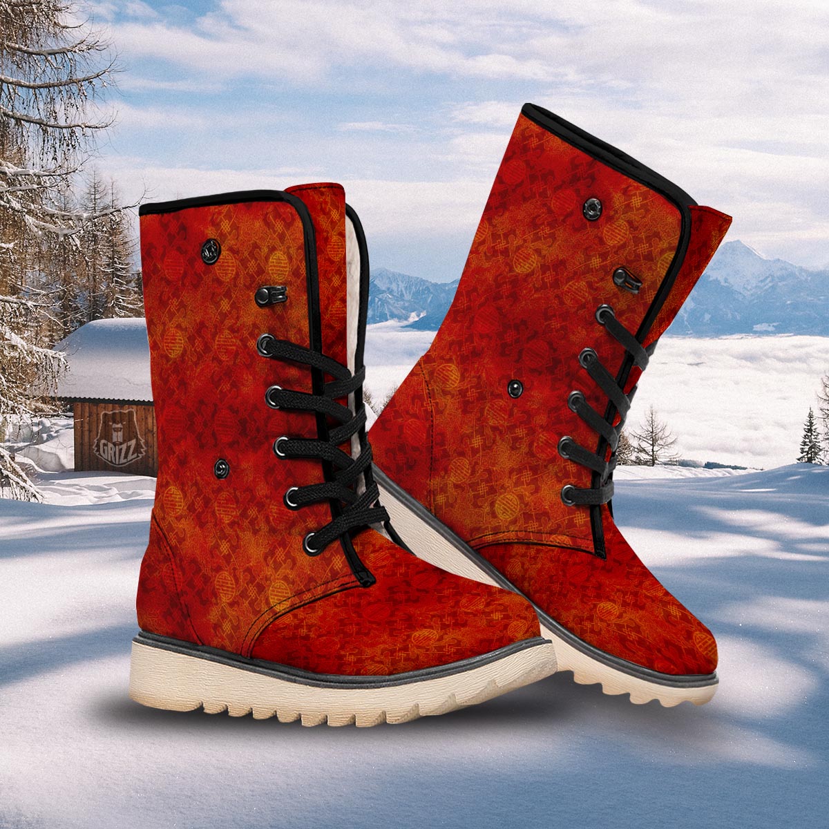 Chinese Red Print Pattern Snow Boots-grizzshop