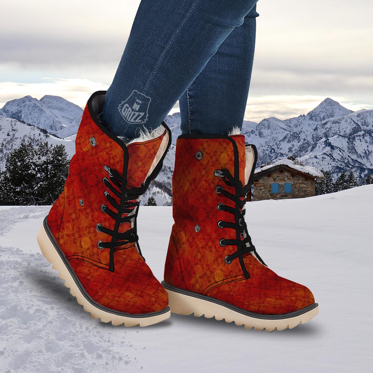 Chinese Red Print Pattern Snow Boots-grizzshop