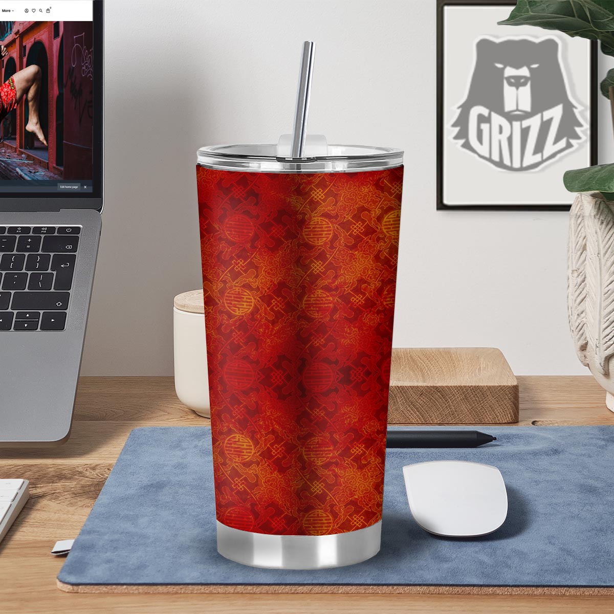 Chinese Red Print Pattern Tumbler-grizzshop
