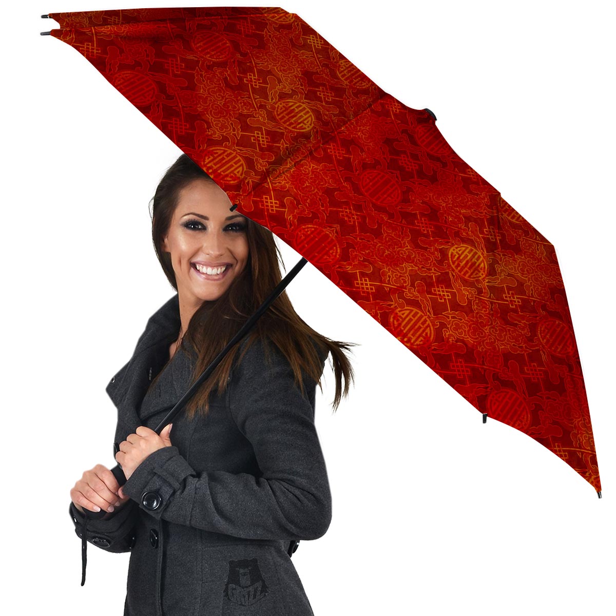 Chinese Red Print Pattern Umbrella-grizzshop