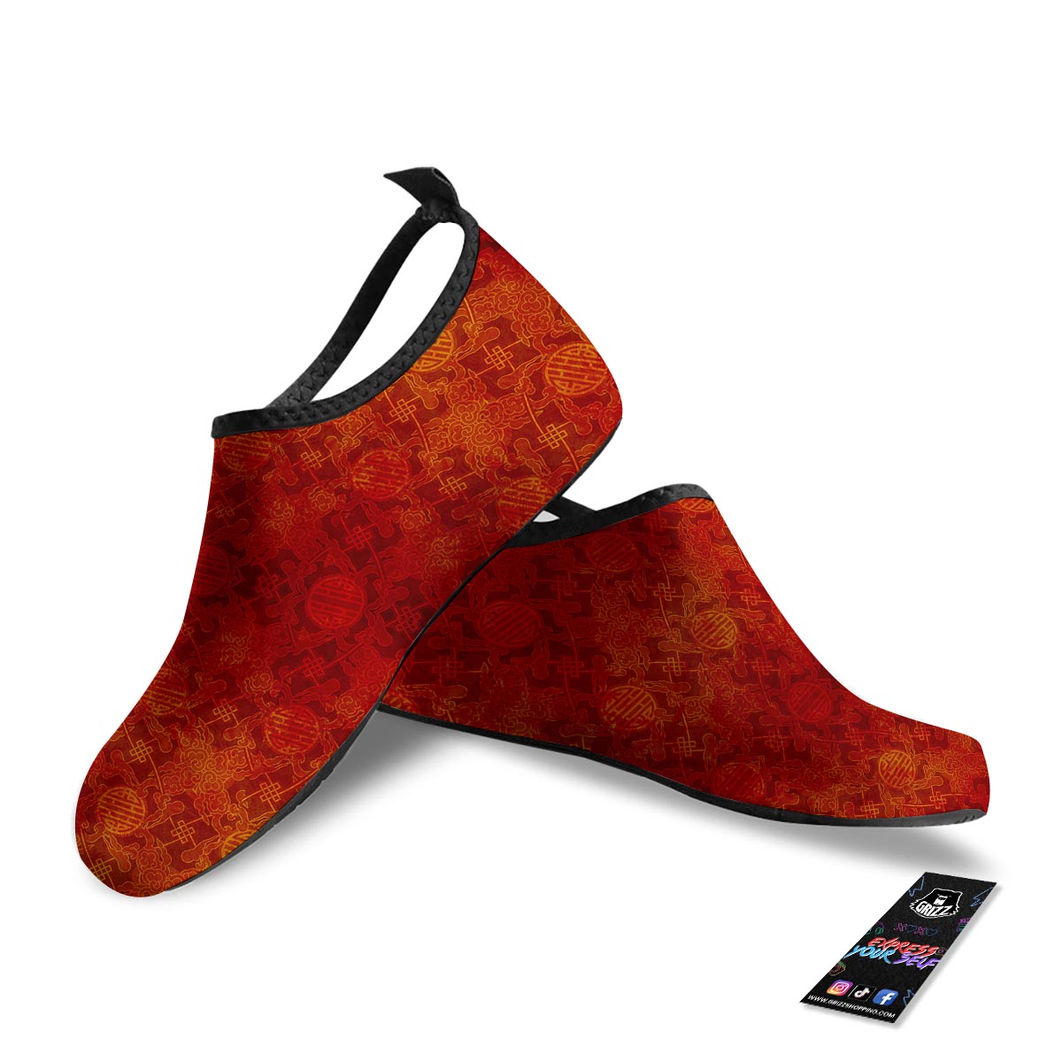 Chinese Red Print Pattern Water Shoes-grizzshop