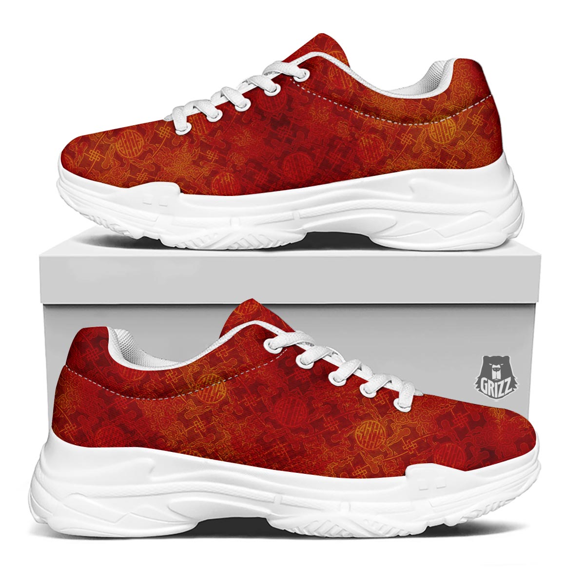 Chinese Red Print Pattern White Chunky Shoes-grizzshop