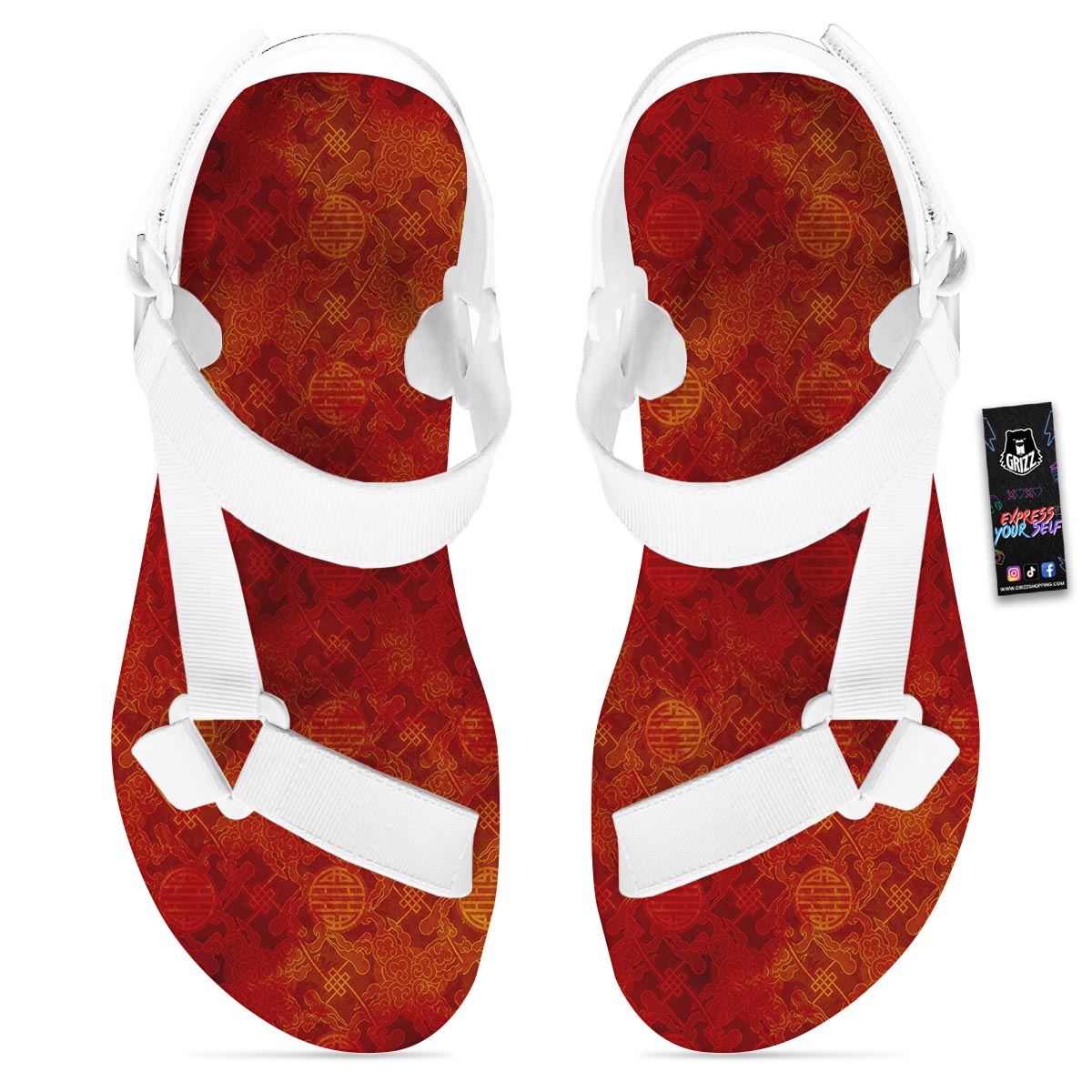 Chinese Red Print Pattern White Open Toe Sandals-grizzshop