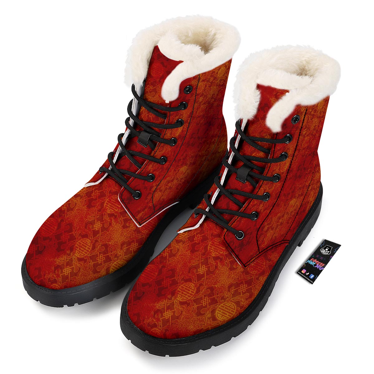 Chinese Red Print Pattern Winter Boots-grizzshop