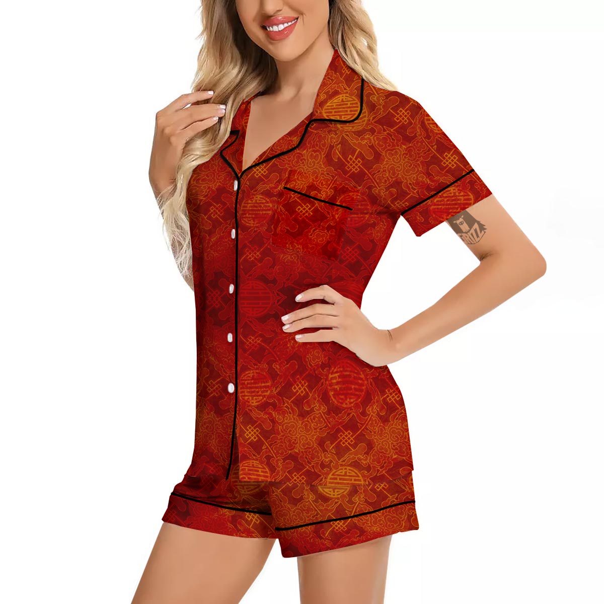 Chinese Red Print Pattern Women Silk Pajamas-grizzshop