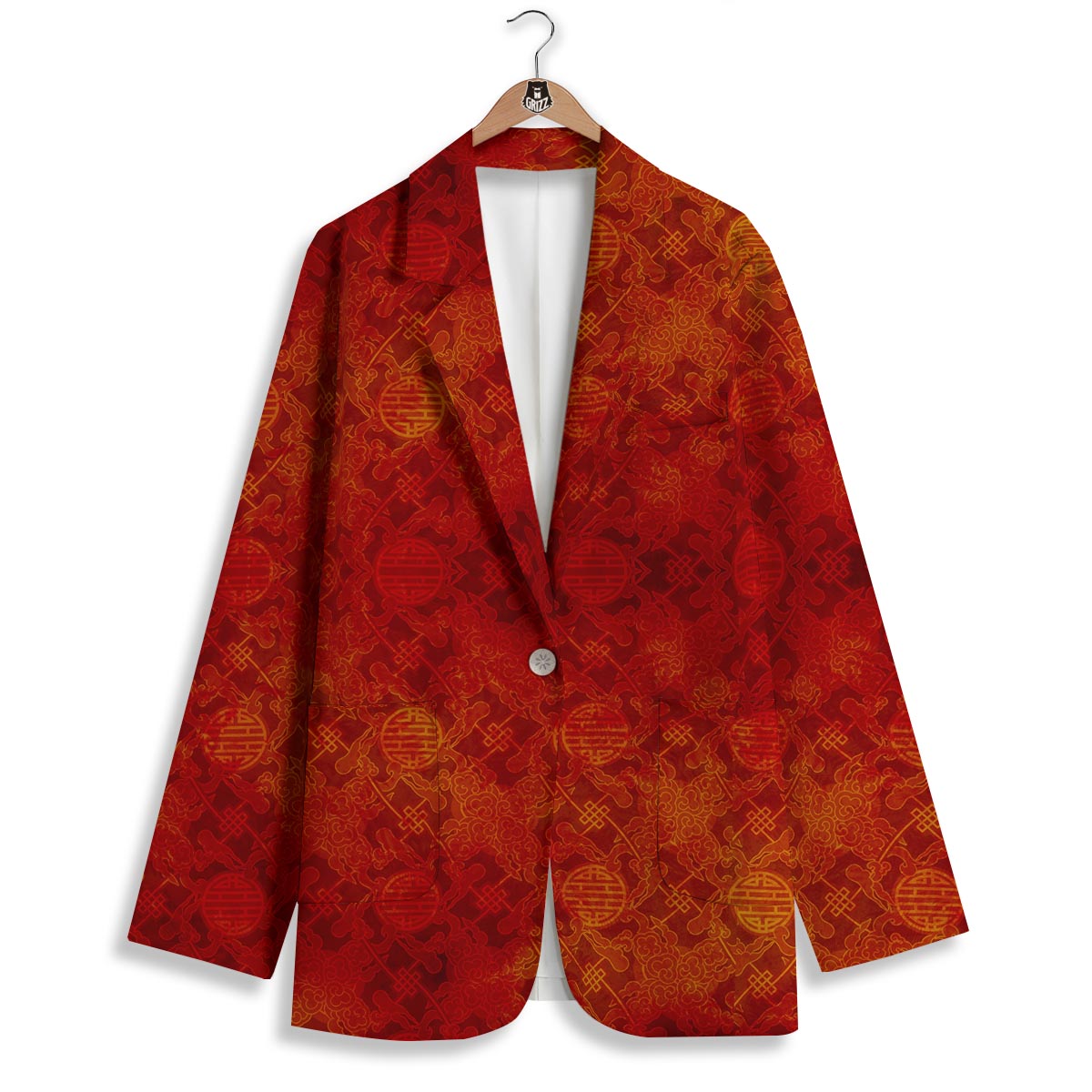 Chinese Red Print Pattern Women's Blazer-grizzshop