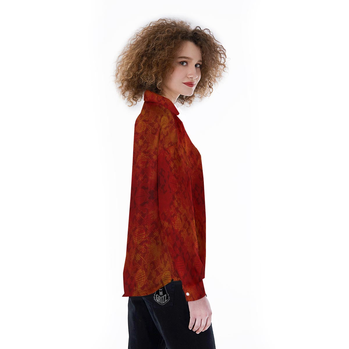 Chinese Red Print Pattern Women's Long Sleeve Shirts-grizzshop