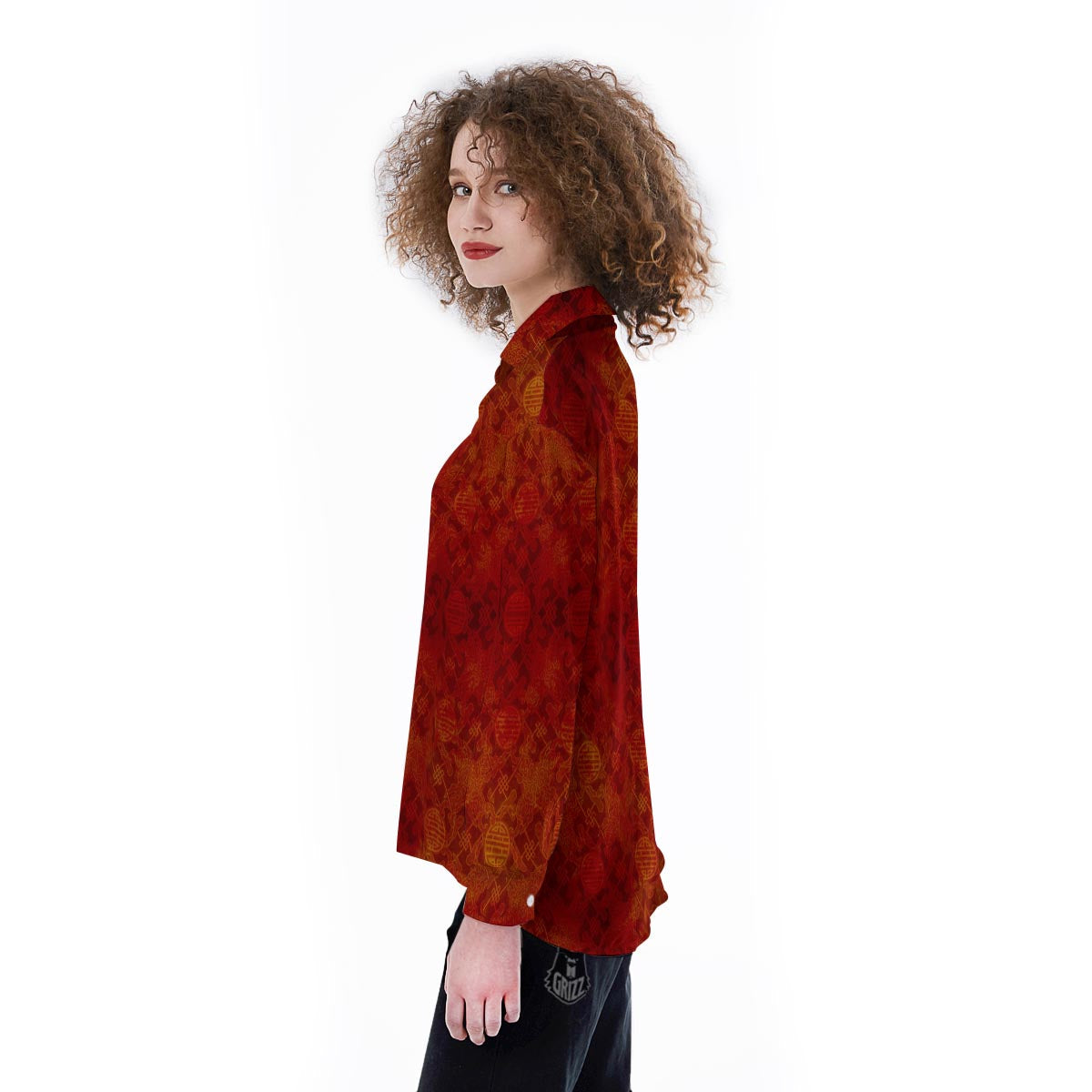 Chinese Red Print Pattern Women's Long Sleeve Shirts-grizzshop