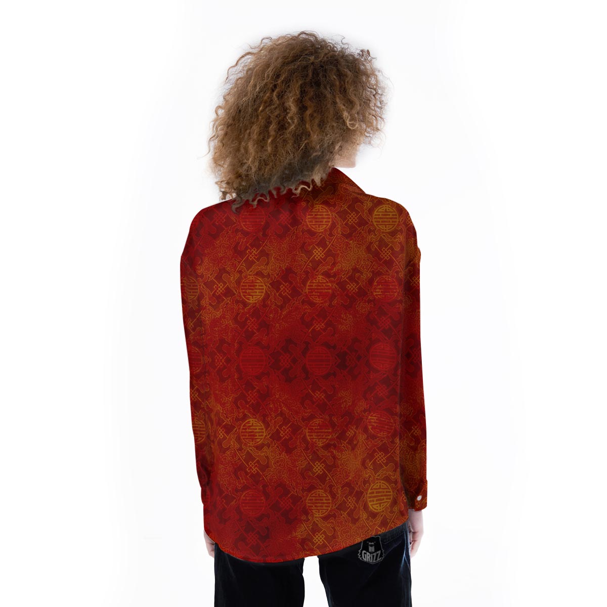 Chinese Red Print Pattern Women's Long Sleeve Shirts-grizzshop