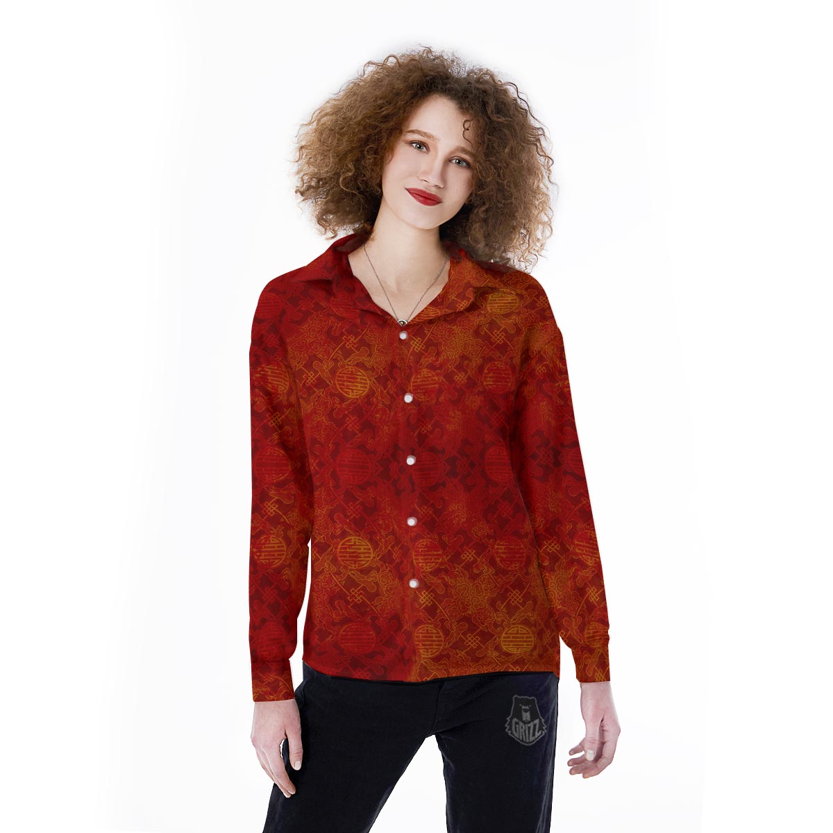Chinese Red Print Pattern Women's Long Sleeve Shirts-grizzshop
