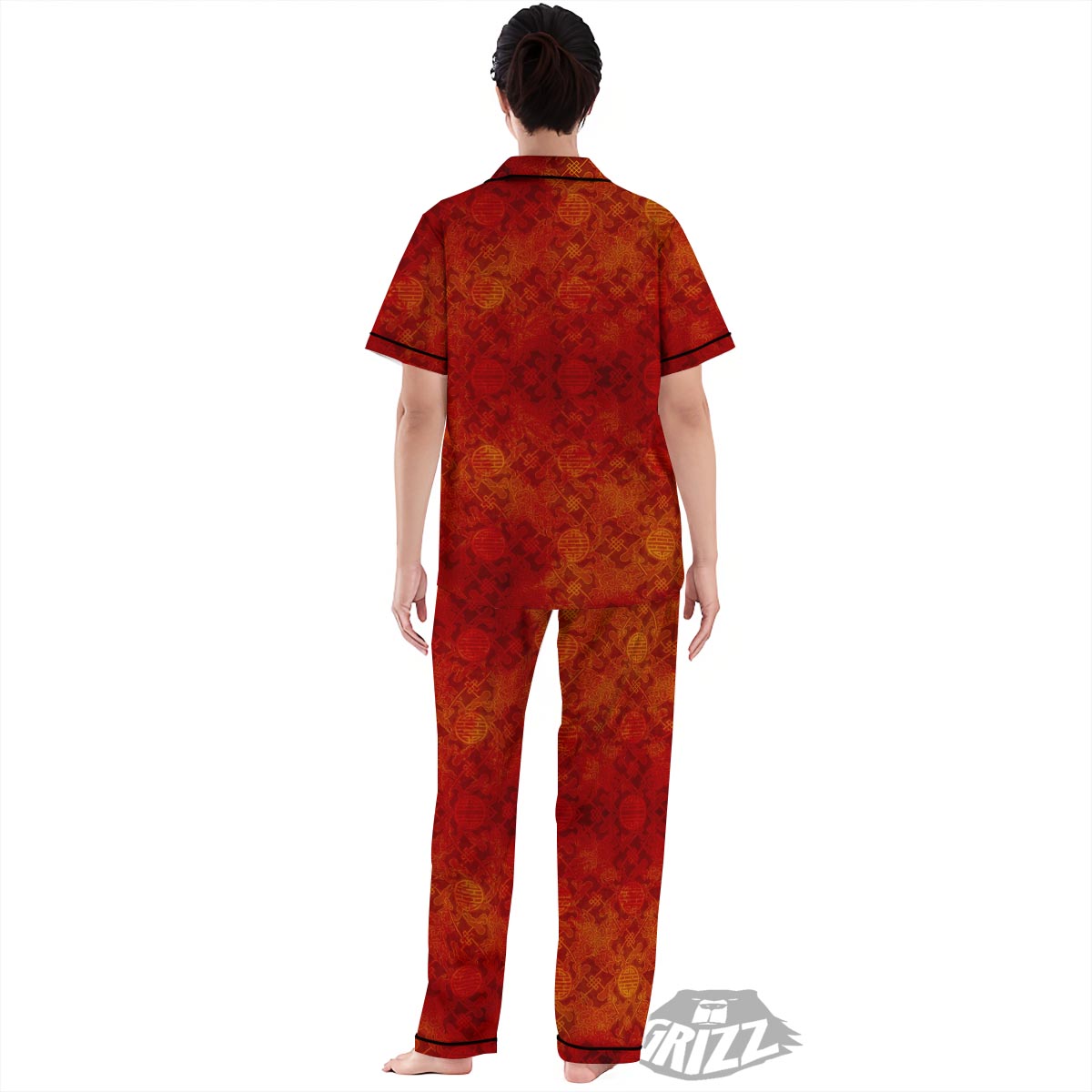 Chinese Red Print Pattern Women's Pajamas Set-grizzshop