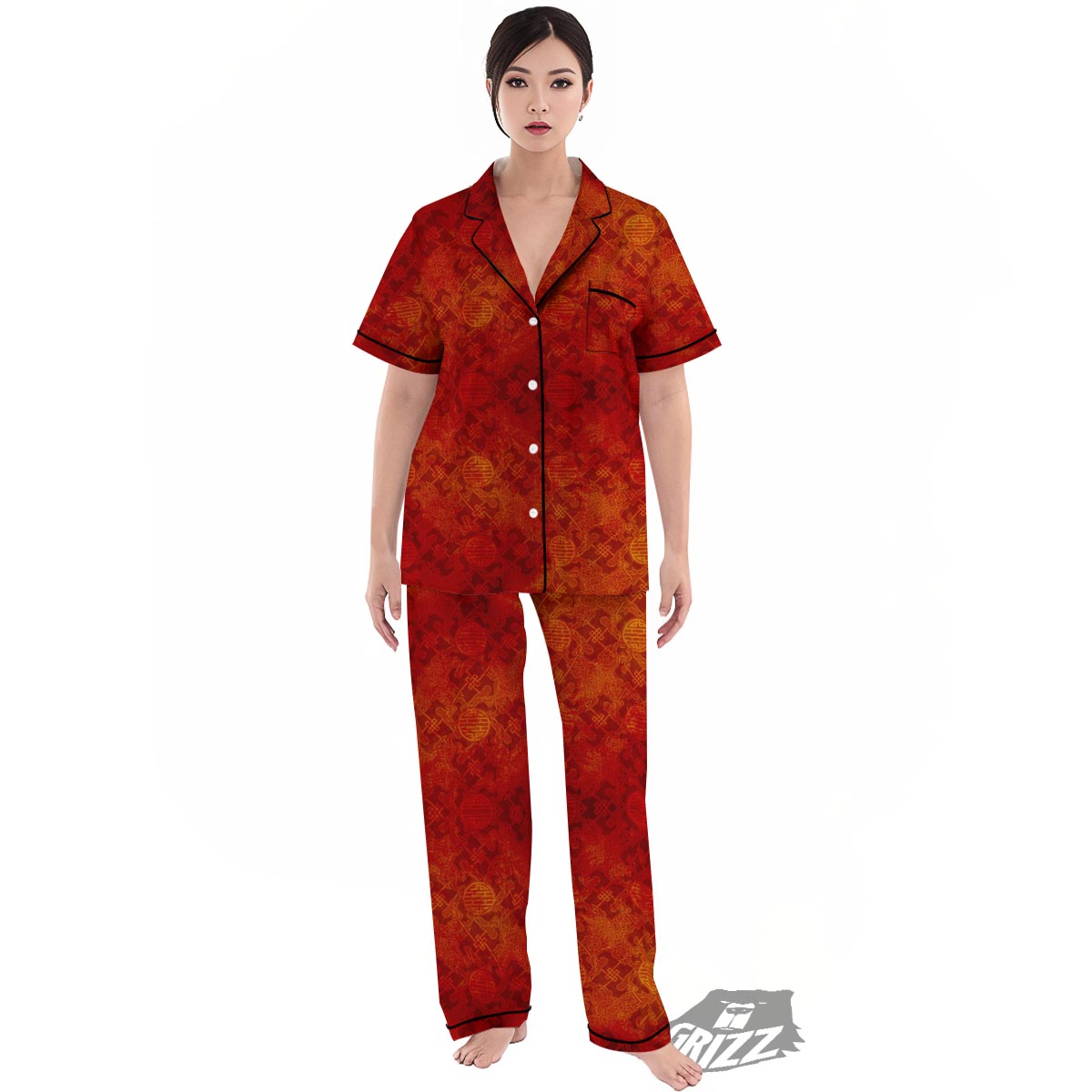 Chinese Red Print Pattern Women's Pajamas Set-grizzshop