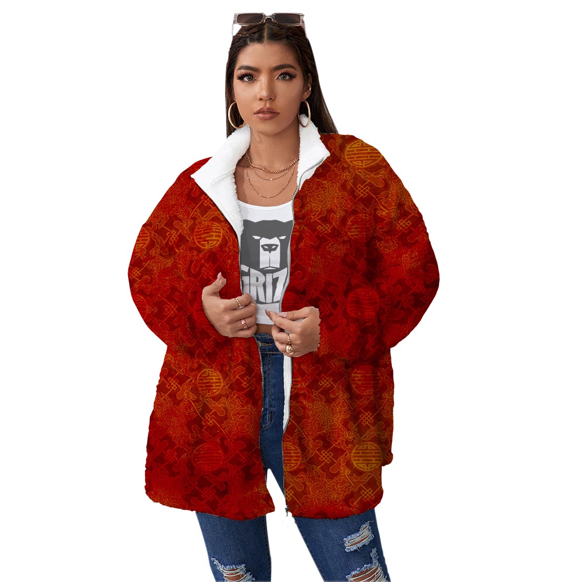 Chinese Red Print Pattern Women's Sherpa Jacket-grizzshop