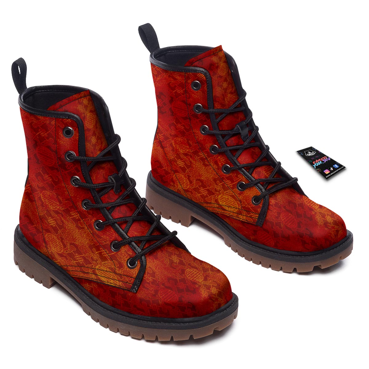 Chinese Red Print Pattern Work Boots-grizzshop