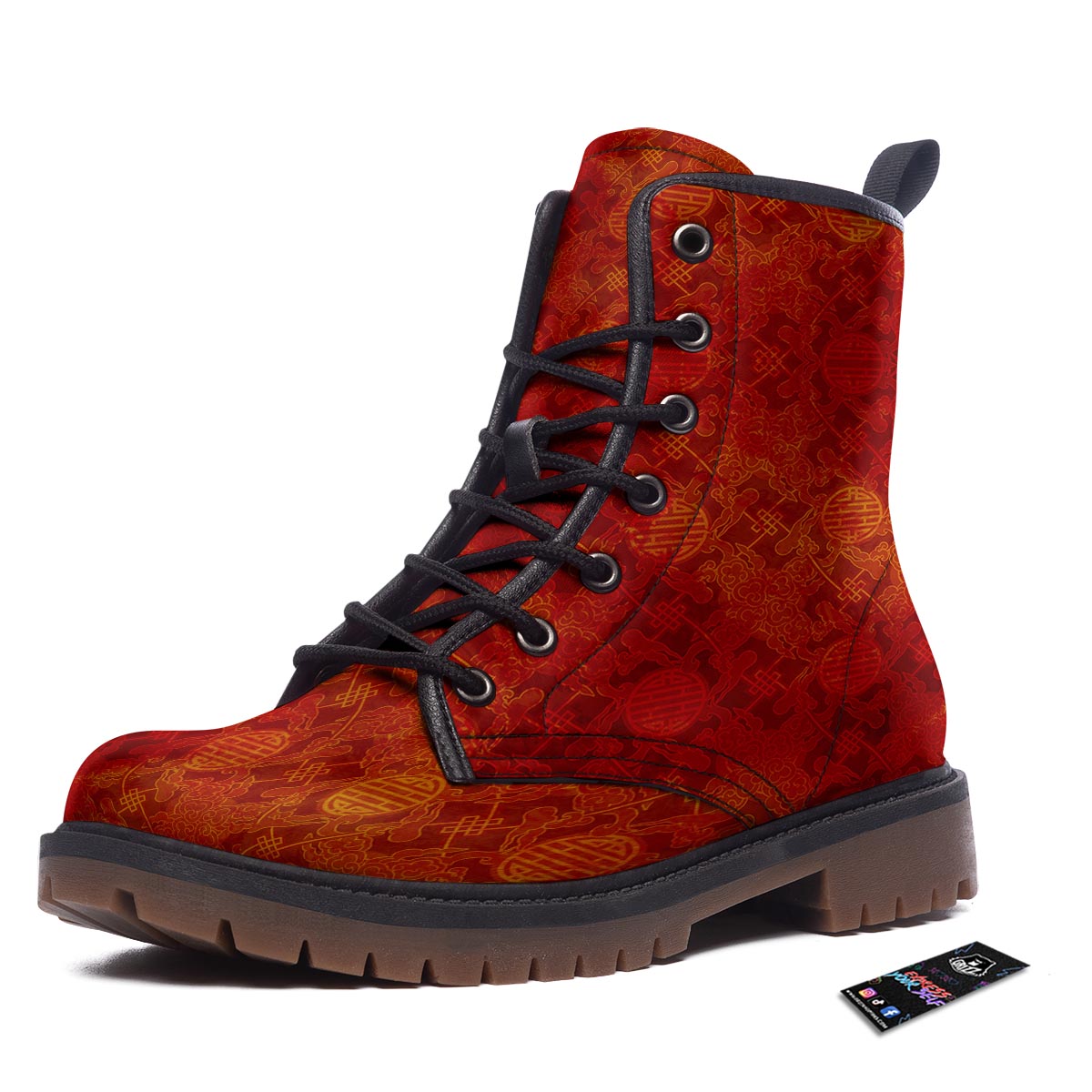 Chinese Red Print Pattern Work Boots-grizzshop