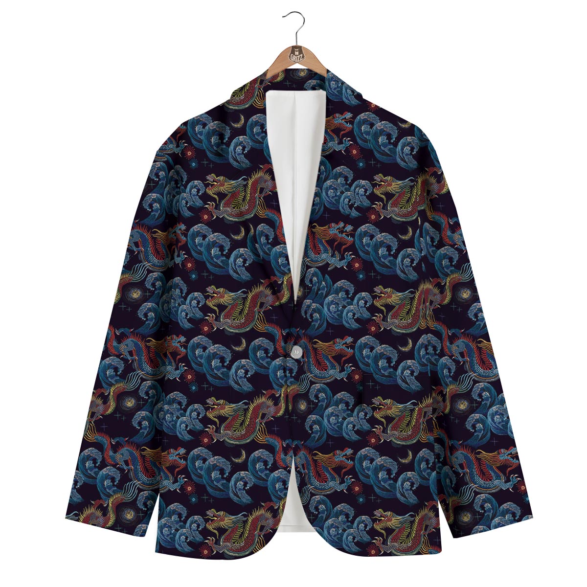 Chinese Wave Dragon Pattern Print Men's Blazer-grizzshop