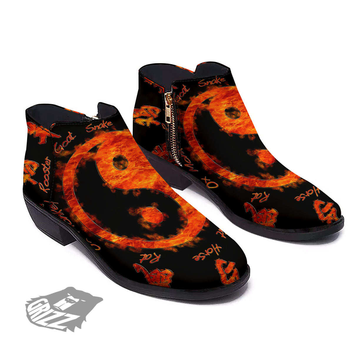 Chinese Zodiac Fire Yin Yang Print Ankle Boots-grizzshop