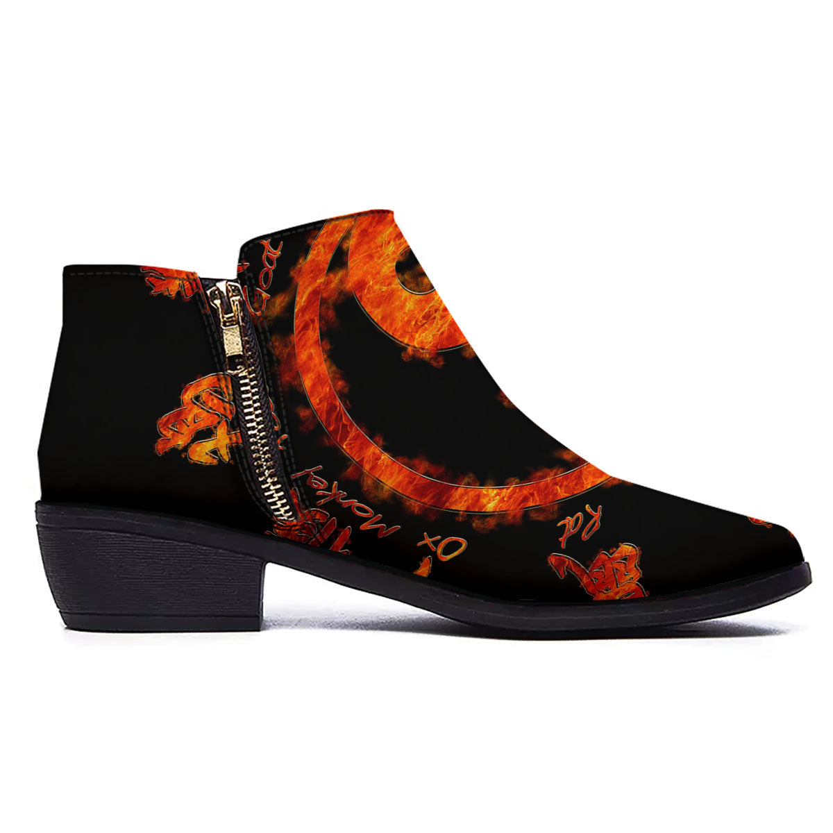 Chinese Zodiac Fire Yin Yang Print Ankle Boots-grizzshop