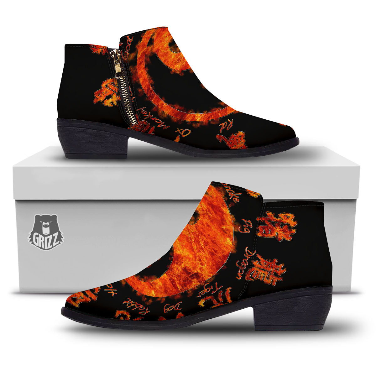 Chinese Zodiac Fire Yin Yang Print Ankle Boots-grizzshop