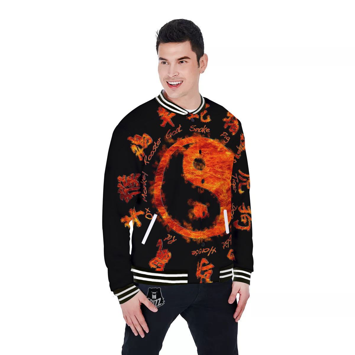 Chinese Zodiac Fire Yin Yang Print Baseball Jacket-grizzshop